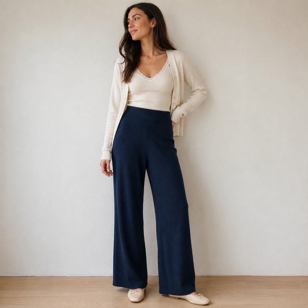 Neiman Marcus Women Pants Large Navy Blue 100% Cashmere Wide Leg Knit Loungewear